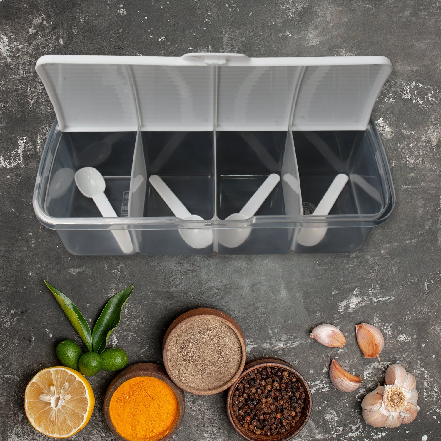 8263 Kitchen Multipurpose Air-tight 4 Sections Storage Containers / Masala Box Pickle (Achar) Jar with 4 spoon for each section (1 Pc / Mix Color) 8263 Kitchen Multipurpose Air-tight 4 Sections Storage Containers / Masala Box Pickle (Achar) Jar with 4 spoon for each section (1 Pc / Mix Color)